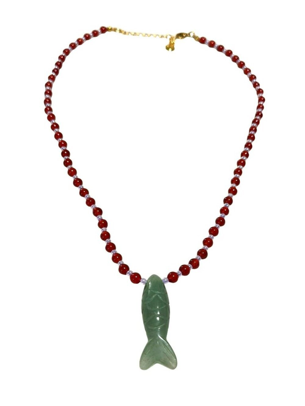 Mayamar Gold-Plated Chain Necklace With Green Jade Fish Pendant & Red Beads